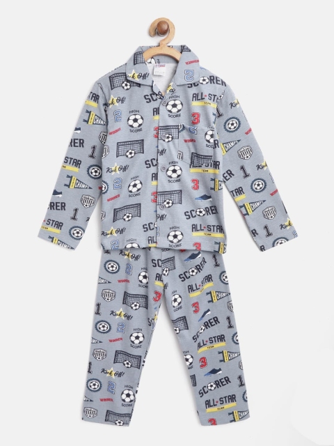 

NAUTI KIDZ Boys Grey & Black Pure Cotton Football Printed Night Suit