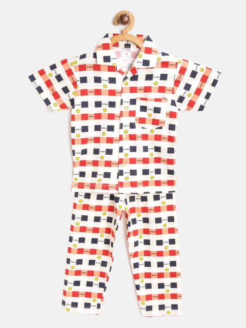 

NAUTI KIDZ Boys Off-White & Red Checked Night suit