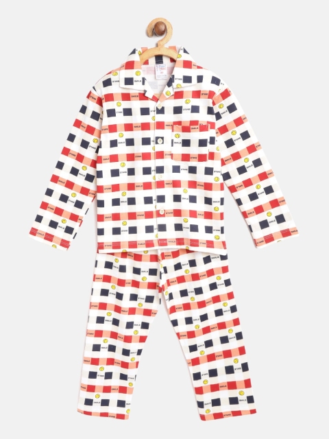 

NAUTI KIDZ Boys White & Navy Blue Pure Cotton Checked Night Suit with Print Detail