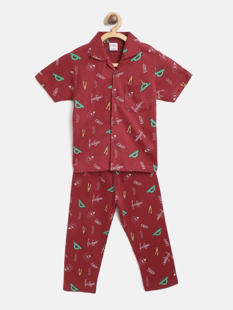 

NAUTI KIDZ Boys Maroon Printed Cotton Night suit