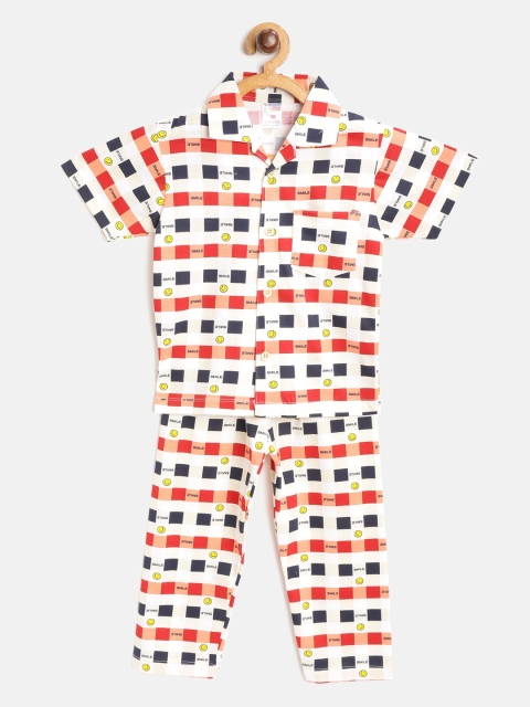 

NAUTI KIDZ Boys Off-White & Red Checked Night suit