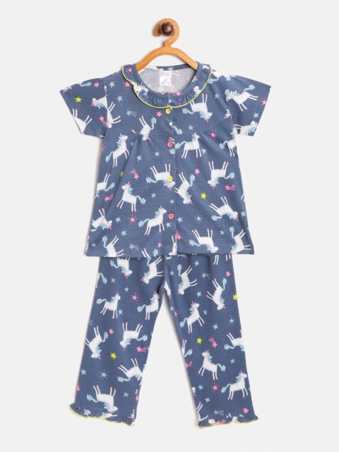 

NAUTI KIDZ Girls Blue & White Unicorn & Star Print Pure Cotton Night Suit