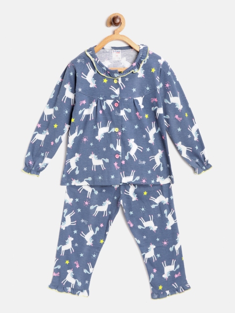 

NAUTI KIDZ Girls Blue & White Unicorn & Star Print Pure Cotton Night Suit