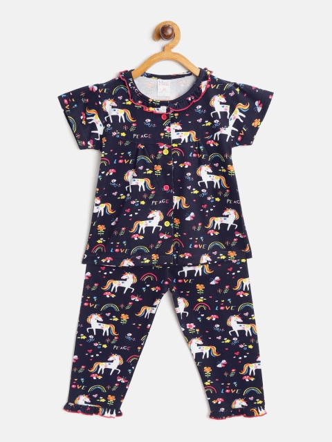 

NAUTI KIDZ Girls Navy Blue & White Pure Cotton Unicorn Print Night Suit