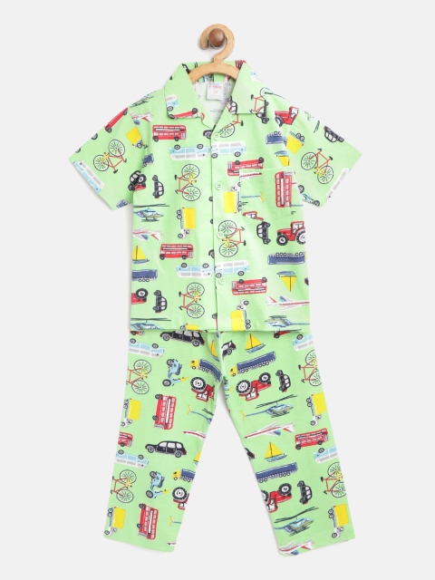 

NAUTI KIDZ Boys Green Pure Cotton Quirky Printed Night Suit