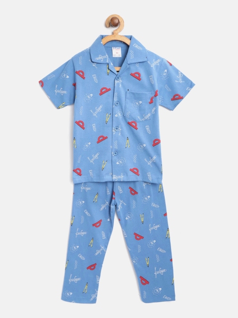 

NAUTI KIDZ Boys Blue Printed Cotton Night suit