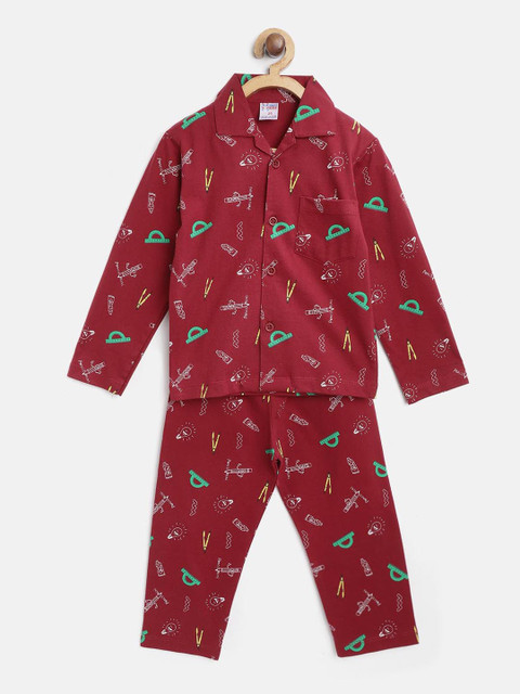 

NAUTI KIDZ Boys Maroon & White Pure Cotton Conversational Printed Night Suit