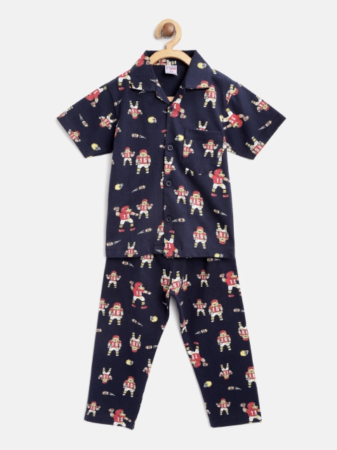 

NAUTI KIDZ Boys Navy Blue & Red Pure Cotton Quirky Printed Night Suit