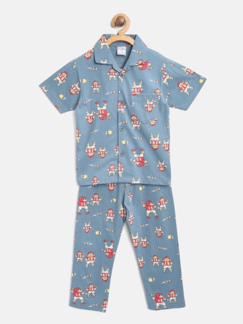 

NAUTI KIDZ Boys Teal Blue & Red Pure Cotton Conversational Printed Night Suit