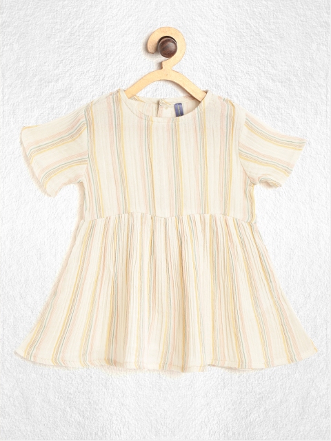

YK Infant Girls Beige & Mustard Yellow Striped Pure Cotton A-Line Dress