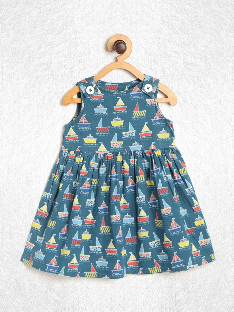 

YK Infant Girls Teal Green & Yellow Nautical Print A-Line Dress