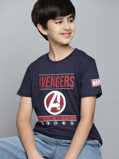 

YK Marvel Boys Navy Blue Red Avengers Print Round Neck Pure Cotton T-shirt