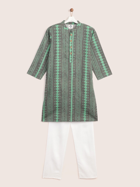 

YK Boys Olive Green & White Geometric Print Kurta with Solid Pyjamas