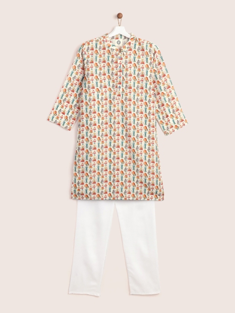 

YK Boys White & Teal Blue Quirky Print Kurta with Solid Pyjamas