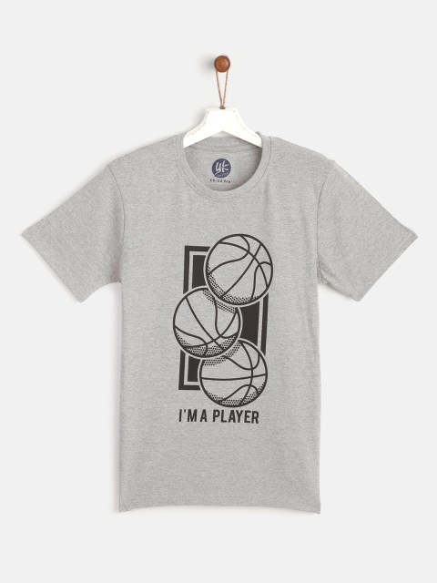 

YK Boys Grey Melange & Black Basketball Print Round Neck T-shirt