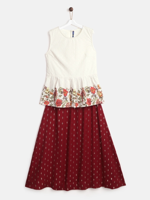 

YK Girls Off-White & Maroon Schiffli Embroidered Top with Printed Skirt