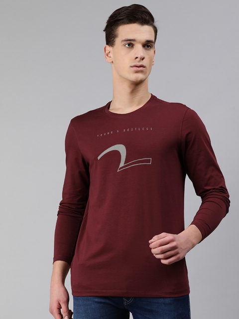 

SPYKAR Men Red Printed Round Neck T-shirt, Maroon