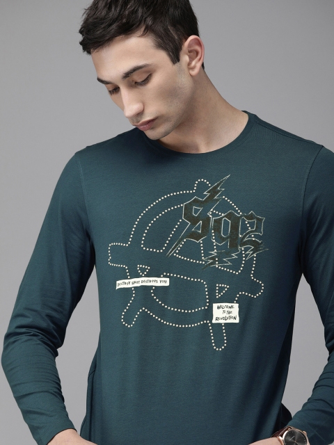 

SPYKAR Men Teal Printed Round Neck T-shirt