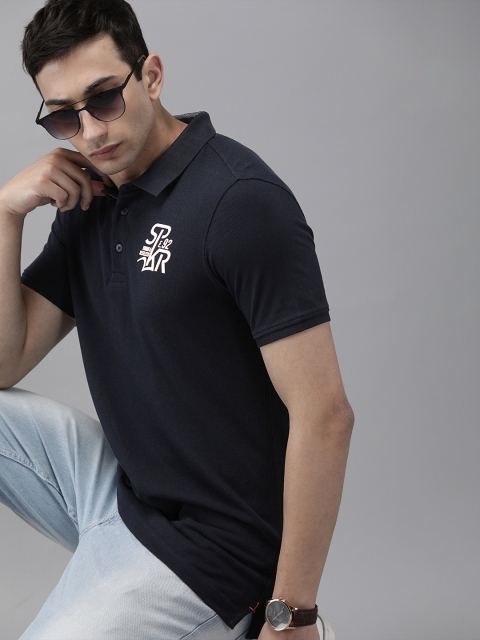 

SPYKAR Men Navy Blue Solid Polo Collar Pure Cotton T-shirt with Print Detail