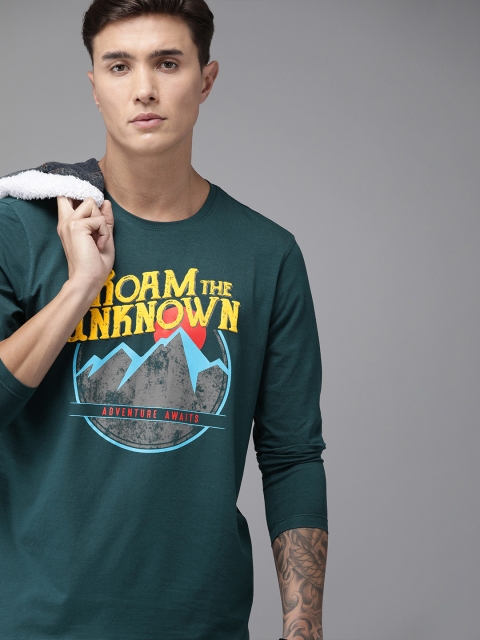 

SPYKAR Men Teal Green Printed Round Neck Pure Cotton T-shirt
