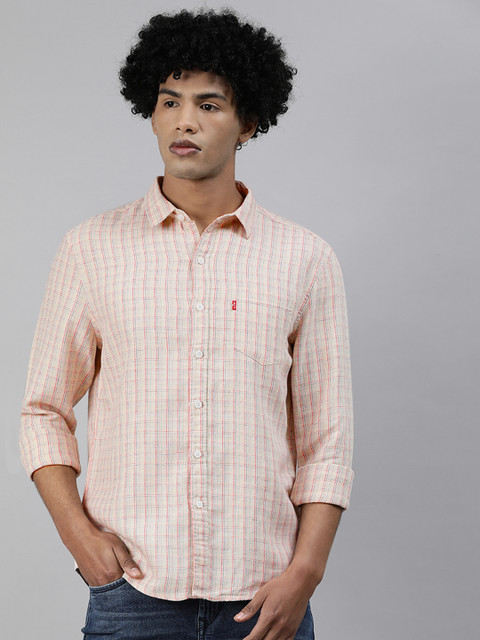 

Levis Men Off-White & Red Slim Fit Checked Casual Cotton-Linen Shirt