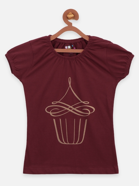 

LilPicks Girls Brown Printed Pure Cotton Top