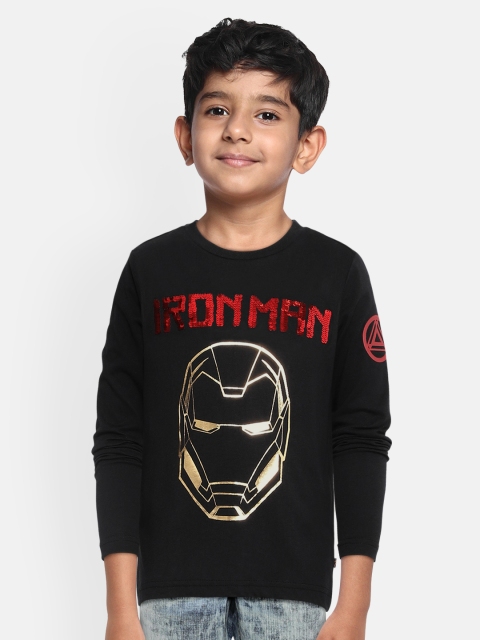

Indian Terrain Boys Black Printed Iron Man Sequinned Round Neck Cotton Pure Cotton T-shirt