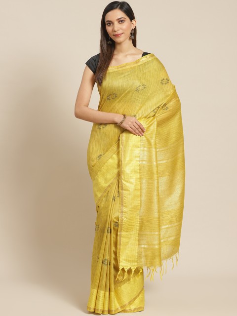 

swatika Yellow & Charcoal Grey Handloom Zari Woven Design Bhagalpuri Saree