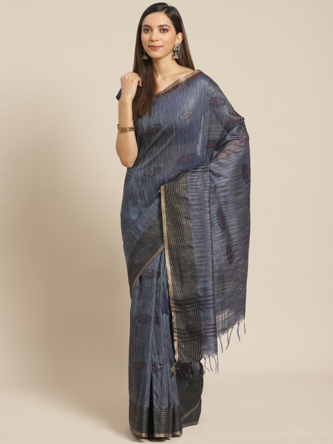 

swatika Navy Blue Woven Design Handloom Bhagalpuri Saree
