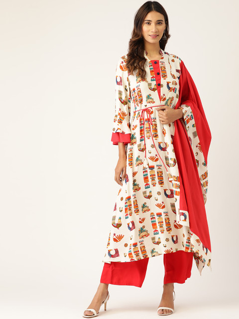 

Kurti's by Menka Women Off-White & Red Printed Kurta with Palazzos & Dupatta