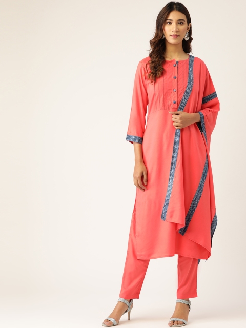 

Kurti's by Menka Women Coral Pink & Blue Solid Kurta with Trousers & Dupatta