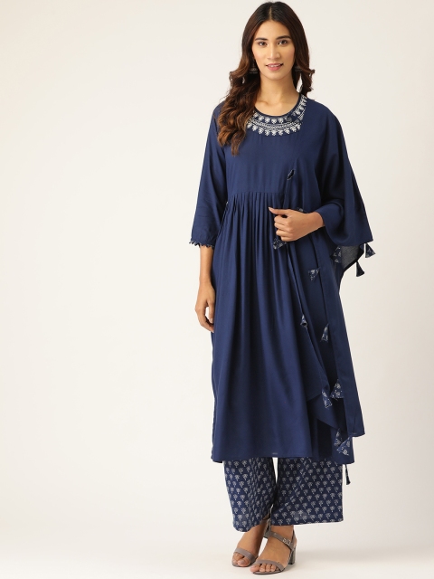 

Kurti's by Menka Women Navy Blue & White Yoke Design Kurta with Palazzos & Dupatta