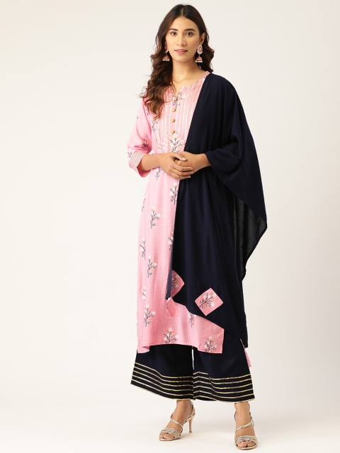 

Kurti's by Menka Women Pink & Navy Blue Printed Kurta with Palazzos & Dupatta