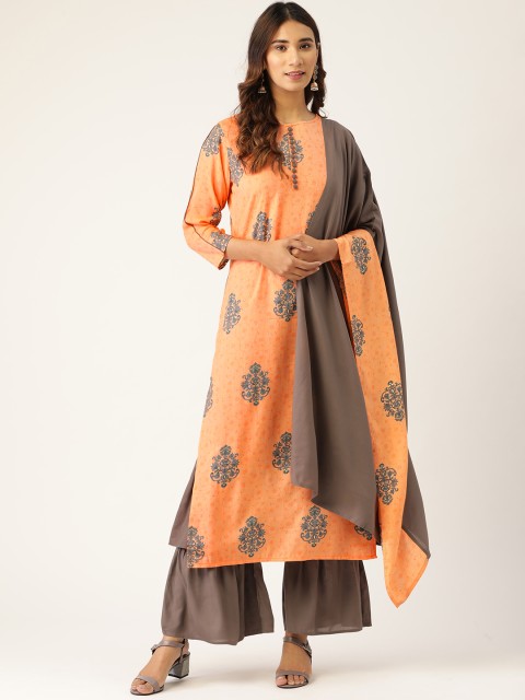 

Kurti's by Menka Women Orange & Taupe Printed Kurta with Sharara & Dupatta