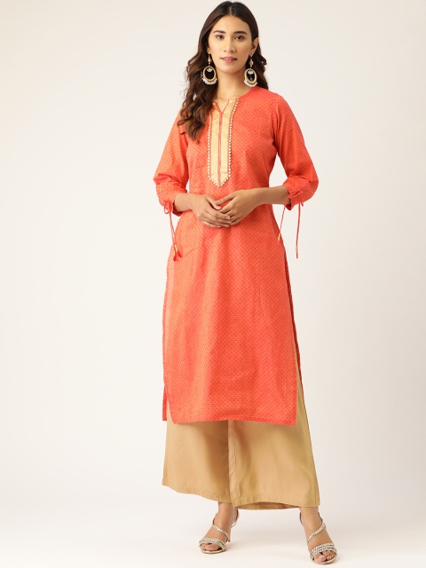 

Kurti's by Menka Women Rust Red & Khaki Self-Design Kurta with Palazzos