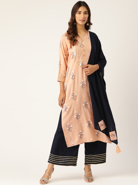 

Kurti's by Menka Women Peach-Coloured & Navy Blue Printed Kurta with Palazzos & Dupatta