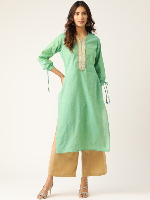 

Kurti's by Menka Women Green & Beige Self Design Kurta with Palazzos