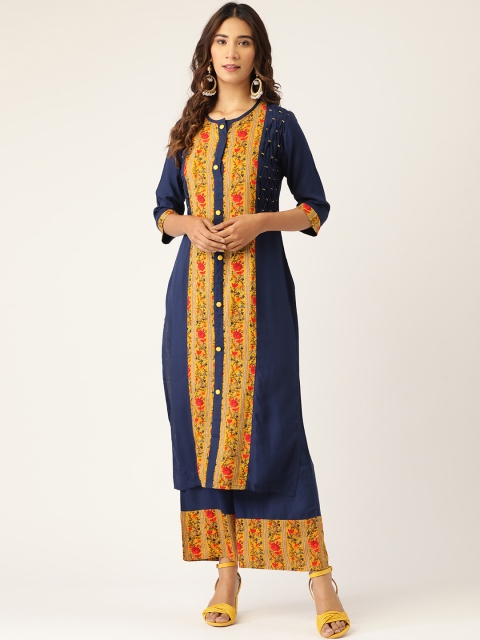 

Kurti's by Menka Women Navy Blue & Mustard Yellow Printed Kurta with Palazzos