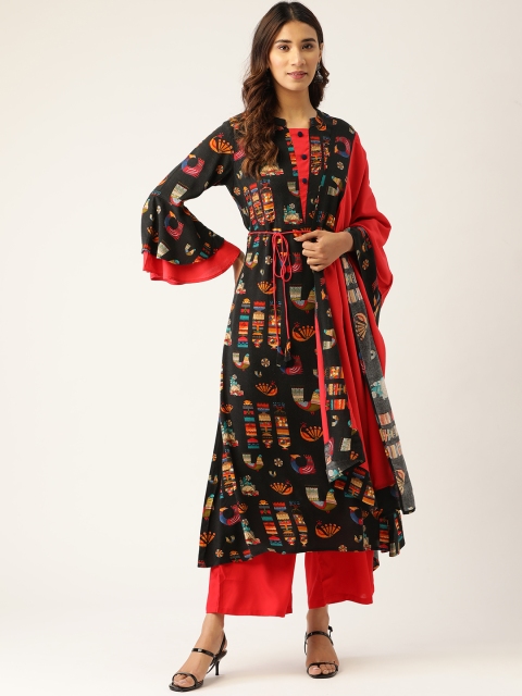 

Kurti's by Menka Women Black & Red Printed Kurta with Palazzos & Dupatta
