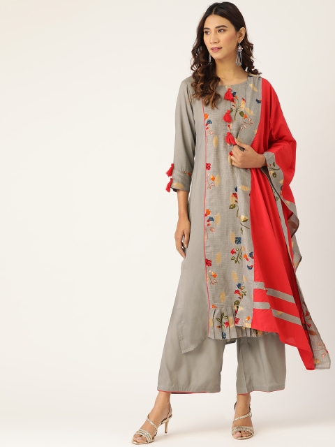 

Kurti's by Menka Women Grey & Red Floral Print Kurta with Palazzos & Dupatta