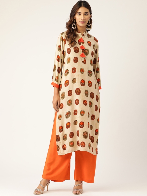 

Kurti's by Menka Women Beige & Orange Printed Kurta with Palazzos