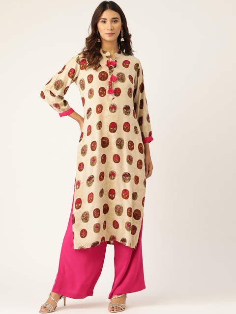 

Kurti's by Menka Women Beige & Pink Printed Kurta with Palazzos
