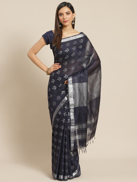 

swatika Navy Blue & Silver Handloom Woven Design Bhagalpuri Saree
