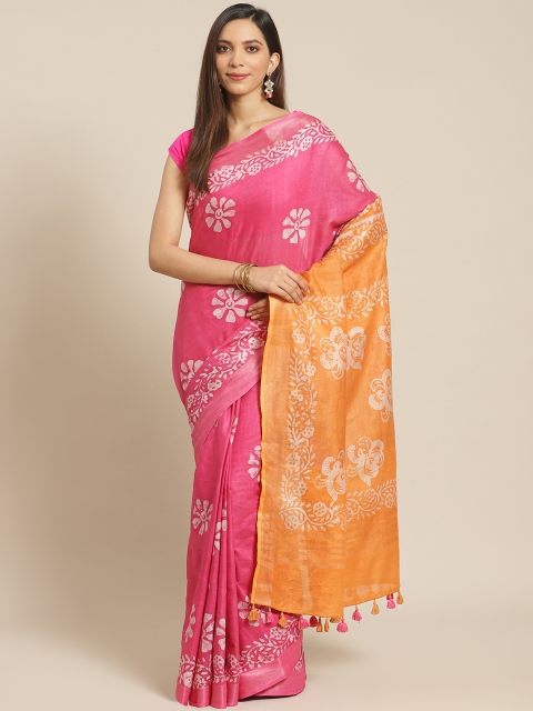 

swatika Pink & Orange Printed Handloom Bhagalpuri Saree