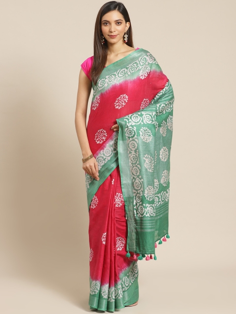 

swatika Pink & Green Handloom Printed Bhagalpuri Saree