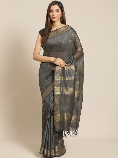 

swatika Charcoal Grey & Golden Handloom Zari Woven Design Bhagalpuri Saree