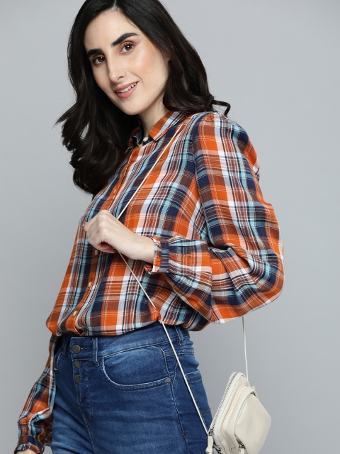 

Levis Women Rust Orange & Navy Blue Relaxed Fit Tartan Checks Casual Shirt