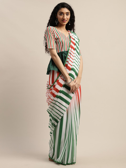 

SHAVYA Off-White & Green Pure Georgette Striped Saree