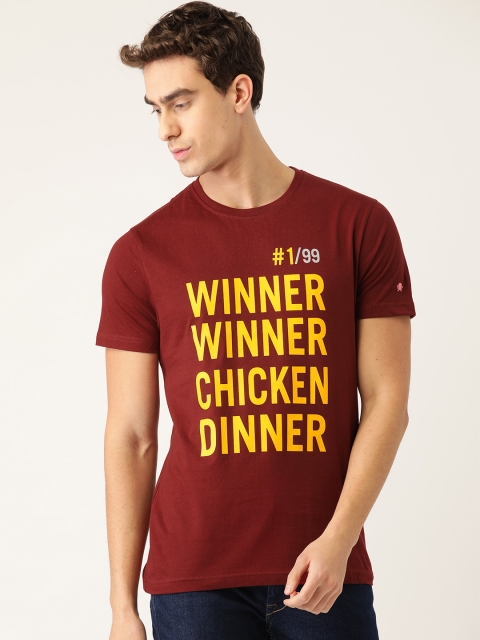 

PRINTOCTOPUS Men Maroon Yellow Printed Round Neck Pure Cotton T-shirt