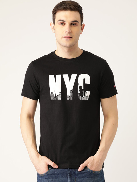 

PRINTOCTOPUS Men Black & White Pure Cotton Printed Round Neck T-shirt